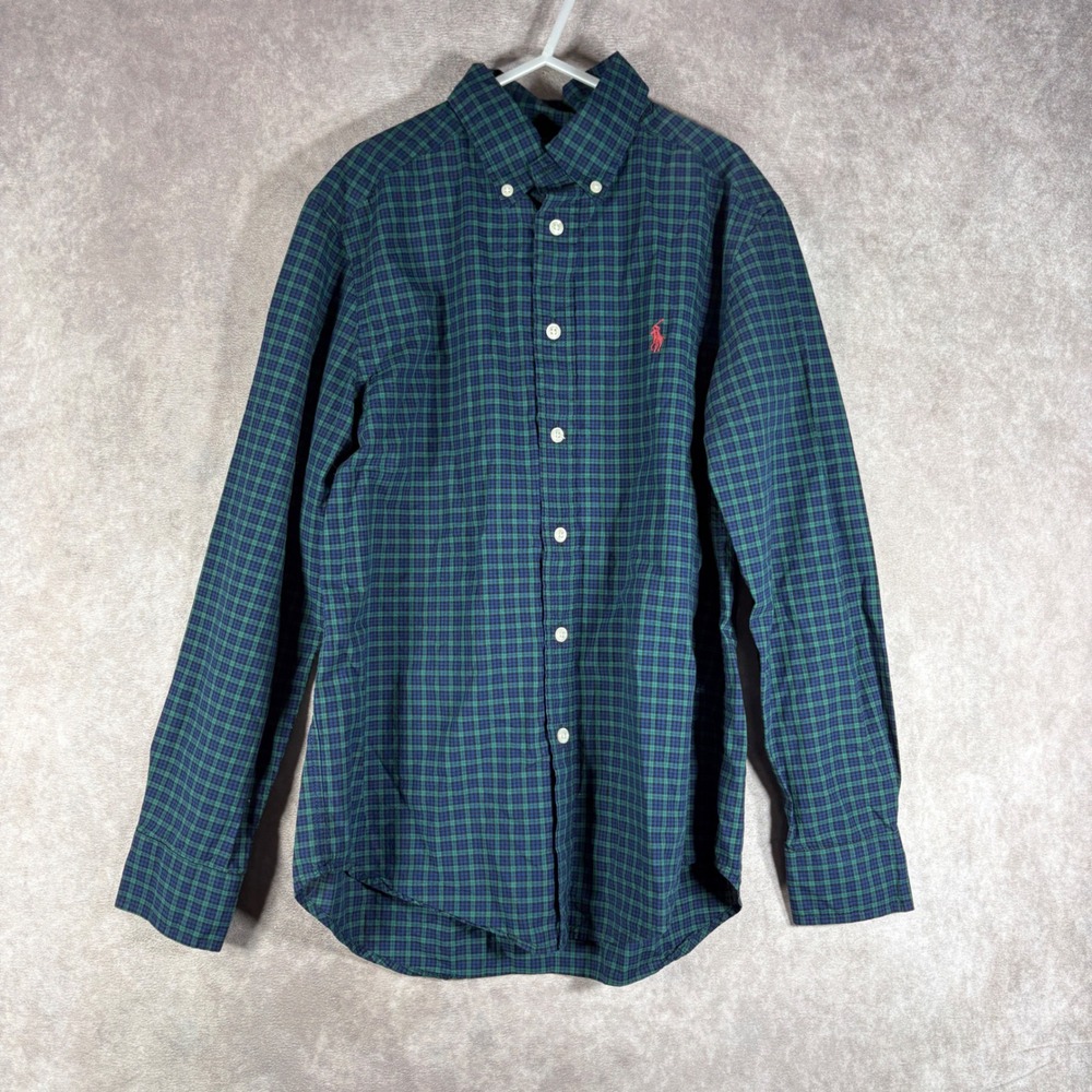 Ralph Lauren Button Down Shirt Boys M 10-12 Green‎ Blue Plaid Long Sleeve Preppy